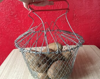 Vintage Collapsible Wire Mesh Basket with Red Handles