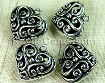 Filigree Heart Charms Antique Silver Victorian Lacy Foral -4pcs