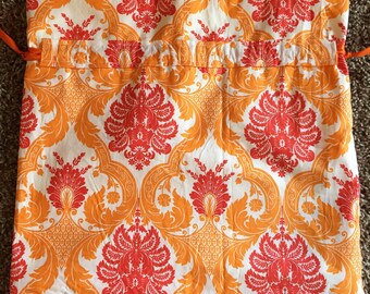 Orange and Red Small Drawstring Project Bag, Crochet Project Bag, Knit Project Bag