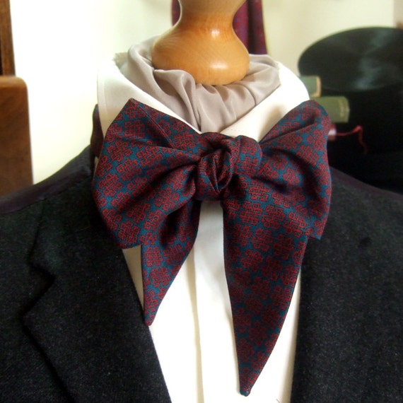 Victorian Bow Tie Cravat Ascot in Claret Red and Teal 100