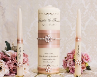 Blush Unity Candle Set, Blush Wedding Unity Candles, Rose Gold Wedding Candles, Personalized Wedding Candles, Bling Wedding Candles