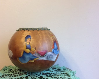 Hand-Painted Hollowed Out Gourd w/Stitching and Decorative Beads on Top