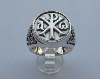 Alpha and Omega - Chi-rho Sterling Silver Ring Men Christian Ring Silver 925