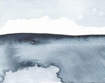 Winter Coming, Original Abstract Waterscape Painting, Watercolour, Indigo Blue, 4" X 6"