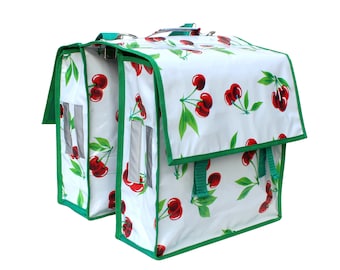 colorful bicycle bag pannier doble pocket bike panniers, oilcloth, waterproof, retro look, with cherries, Cerezas white