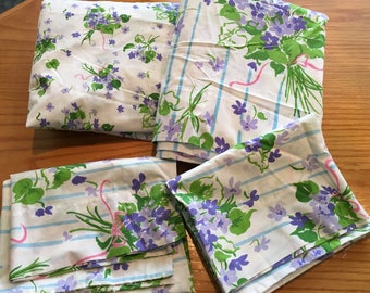 Vintage Stevens Utica African Violets Percale Queen Sheet Set - Flat, Fitted and Two Standard Pillowcases- Utica sheets, african violets
