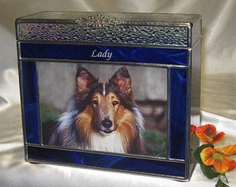 Pet Urn Medium #7A Photo Frame Pet Cremation Urns in Stained Glass - accepts a 4" x 6" photo
