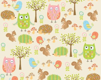 Splat splash Mat, Art Mat or Table Cloth for highchair or table, Owl & Co, owls, hedgehogs, squirrels on cream, laminated cotton BPA Free