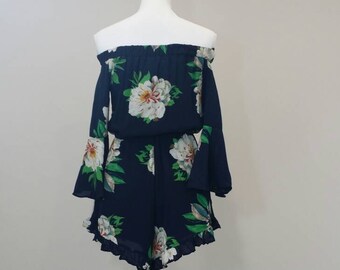 Floral print off shoulder short Rompers playsuit jumpsuit