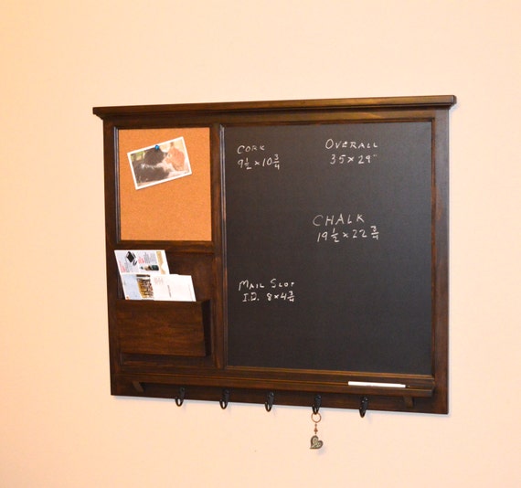 Chalkboard Mail Organizer - 35" x 29" Large Chalkboard & cork board with letter holder Key / Coat / Hat rack - RusTic - Home Decor
