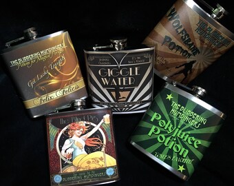 Giggle Water & Blind Pig Flask, 6 oz Fantastic 1920s speakeasy style stainless steel Flasks by the Blibbering Humdingers wizard rock wrock