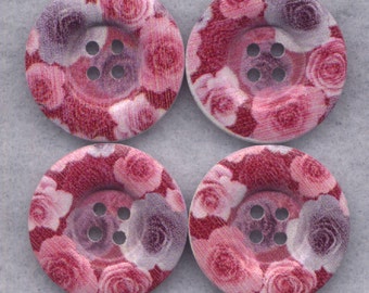 Pink Rose Buttons Decorated Funky Wooden Buttons 23mm (1 inch) Set of 8 /BT294