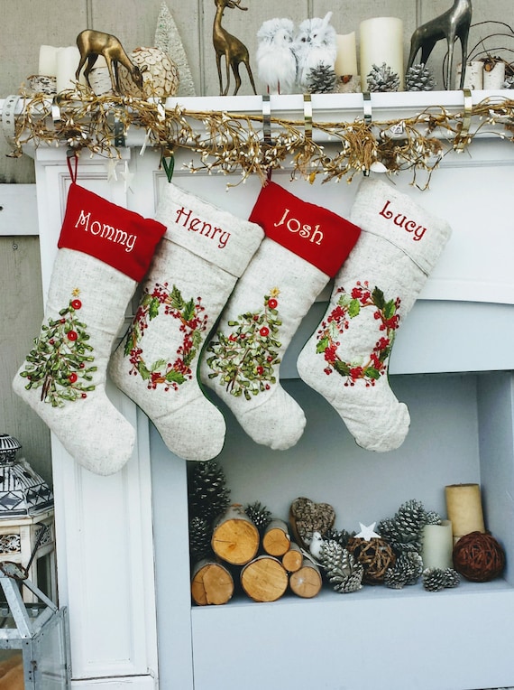 Embroidered Christmas Stockings Heirloom Linen Designer