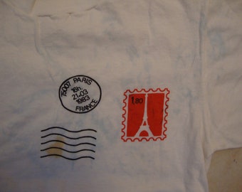 Vintage 80's Paris France Post Stamp Mail White T Shirt Size M