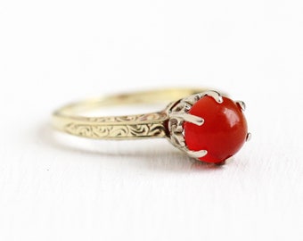 Vintage Carnelian Ring - 14k Yellow & White Gold Dark Red Genuine Gemstone - Art Deco 1930s Size 7 Cabochon Fine Two Tone Filigree Jewelry