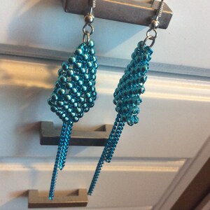 Mesh earrings w/chains pierced long dangly metallic turquoise blue