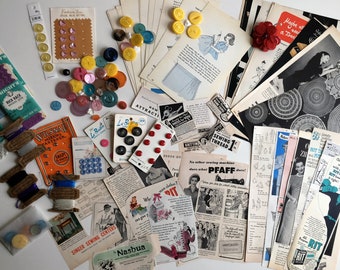 Vintage Ephemera Paper Pack SEWING Seamstress Advertising Ads Mid Century Book Pages Junk Journal Vintage NOTIONS Buttons Rick Rack Grab Bag