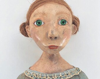 Folk Art Doll cloth and paperclay primitive style 16" long - 2