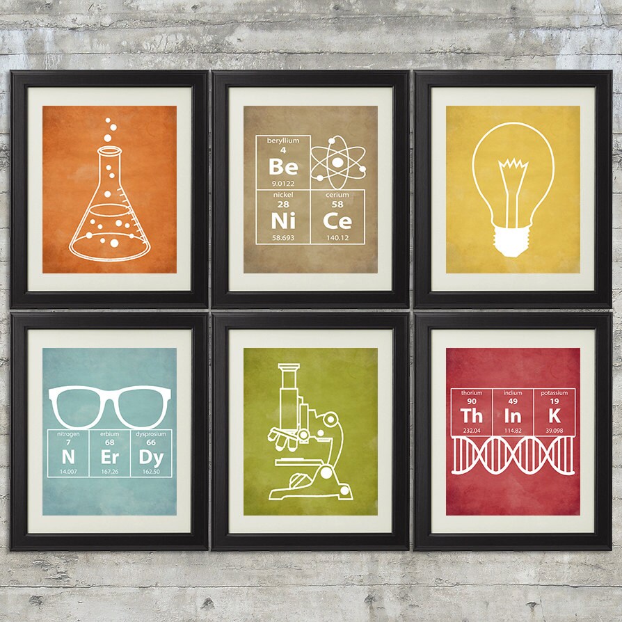 Nerdy Science Art set of 6 8x10 Prints with Erlenmeyer