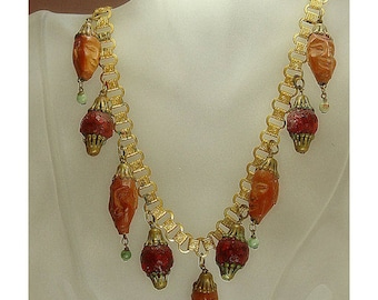 1920s Chinese Immortals Hedaio Peach Pit & Jade Book Link Chain Necklace
