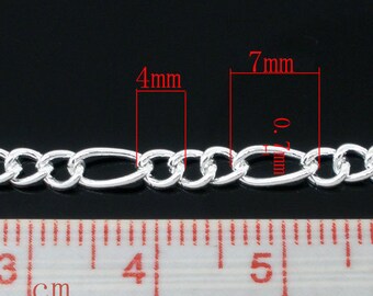 10M (32.8 Ft) - Silver Plated Figaro Chain Link - 7.5 x 3.5mm and 4 x 3.2mm - 21 Gauge (0.7mm Thick)