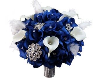 10" Wedding Bouquet - Royal Blue Roses, Calla Lilies, Silver (Brooch Accents) and White Feathers
