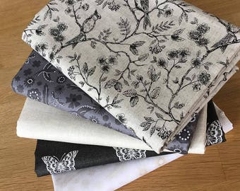 BOTANICA BIRDS in Grey & Ivory Fat Quarter Bundle by Makower