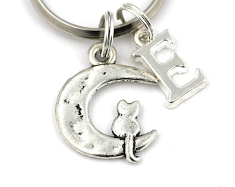 Cat Moon Key Ring, Personalized Cat On The Moon Keychain, Cat Keyring, Initial Keychain, Crescent Moon Keychain,Kawaii Keychain,Housewarming