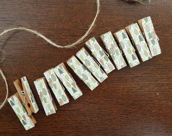 Baby Shower Clothesline Gift - Retro Green Woodland Branches - Chunky Mini Clothespin Clips w Twine for Display - Set of 12 - Cabin Chic