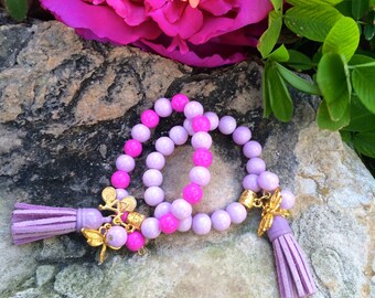Childrens Pink and Lavendar Beaded Bracelet w/ Charms & Tassel