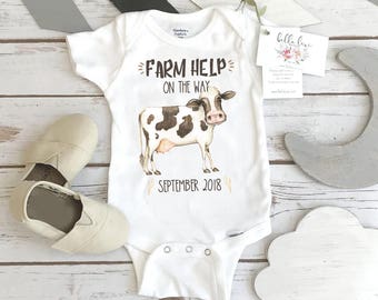 Farm Help on the Way, Pregnancy Announcement, Dairy Farm Baby, Pregnancy Reveal, Cow Onesie®, Country Baby, Expecting Farm shirt, Baby Due