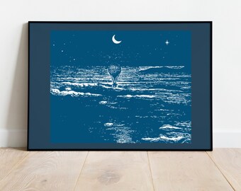 Hot Air Balloon Flying in the Night Sky Wall Art Print