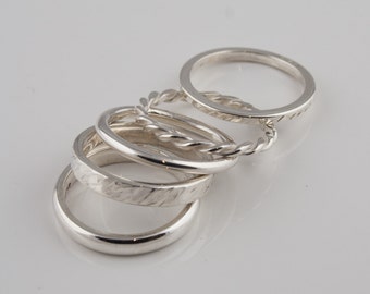 Hand Made Silver stack rings set of five