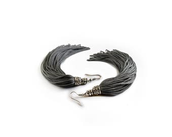 Silver Tassel Earrings, Long Grey Tassel Earrings, Statement Boho Earrings, Tassel Jewelry, Bohemian Tassle Earrings