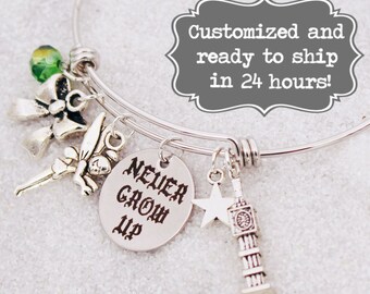 Never Grow Up Peter Pan Bracelet DISNEY Inspired, Bracelet, Tinkerbell, Custom Name Charm Bracelet, Adjustable Bangle