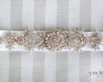 CHELSEA BEIGE - Beaded Bridal Sash, Wedding Belt