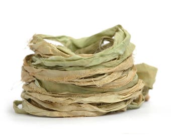 Recycled sari silk ribbon handdyed in Pistachio green, 10metre length, textile arts, mixed media, jewellery making, bouquet wrap