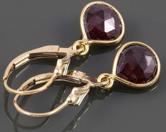 Garnet Earrings. Gold Filled Lever Back Ear Wires. Genuine Gemstone. Gold Framed Garnets. January Birthstone. s18e006