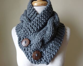 Knit Neck Warmer, Cable Knit Scarf, Chunky Warm Winter Scarf in Oxford Grey 6" x 25" Coconut Shell Buttons Ready to Ship - Gift for Her
