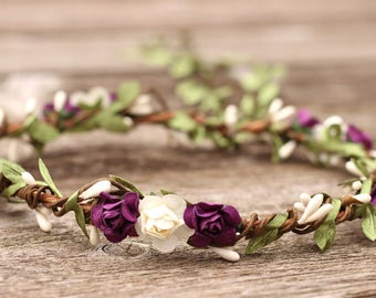 Purple and White Wedding Flower Crown - Bridal Flower Crown Plum - Floral Headpiece - Hair Wreath - Wedding Flower Crown - Flower Headband