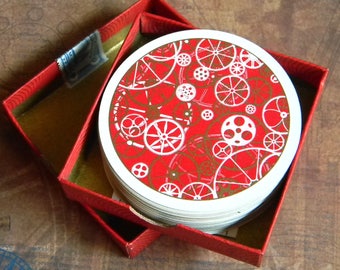 Retro Steampunk Red Round Playing Cards. Novel Waddington's Rondo Gear Embellished Playing Cards from the 60's or 70's. Full Deck w/Jokers.