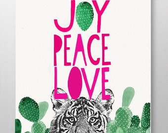 JOY PEACE Tiger Artwork Cactus Print Wall Decor Hello Holidays! Print Mixed media Decorative art Animal art illustration, POSTER
