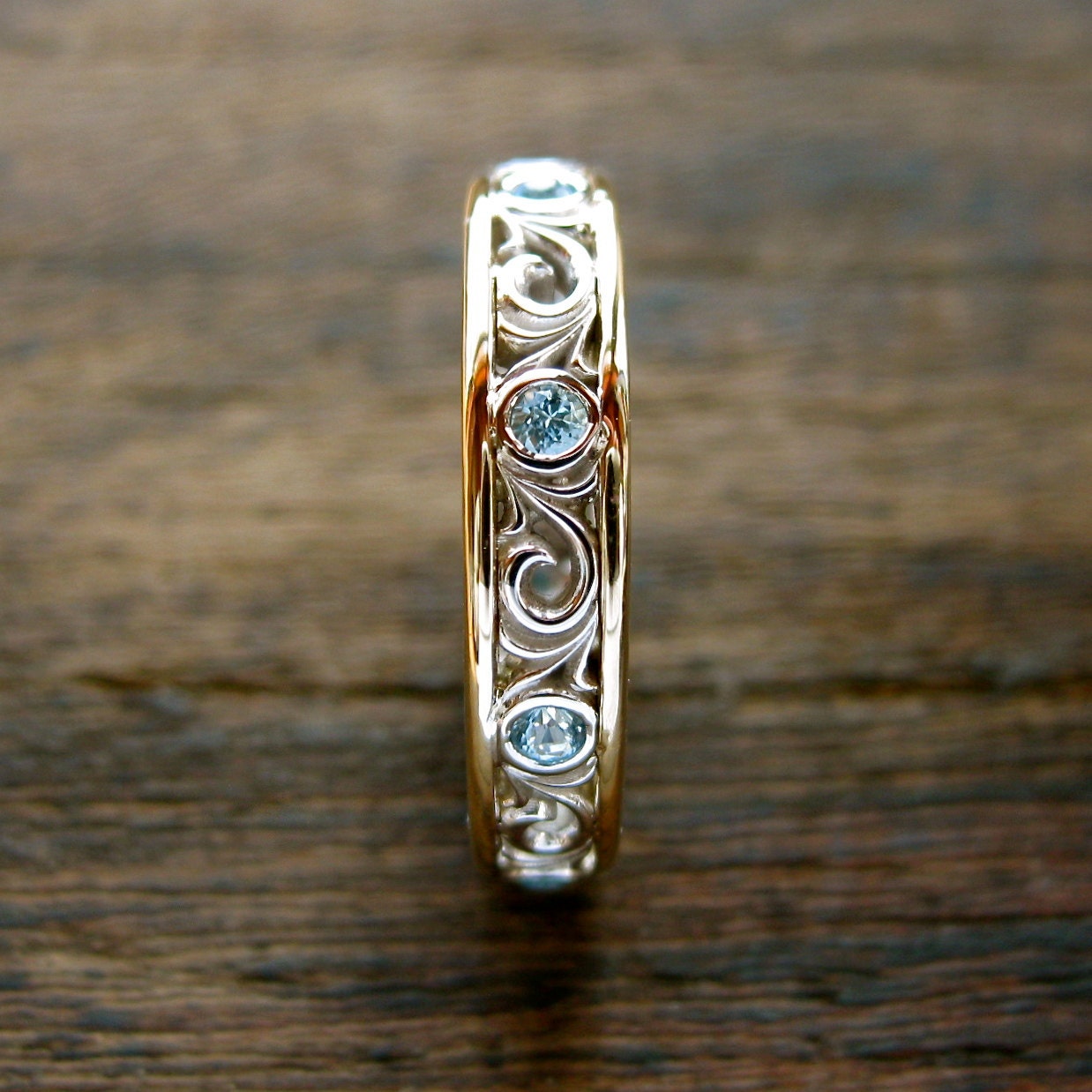 Teal Blue Topaz Wedding Band in 14K White Gold & 14K Yellow