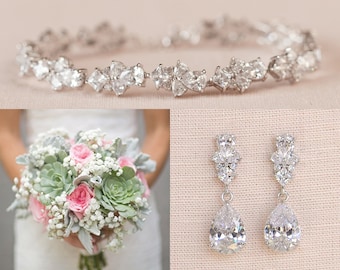 Bridal Jewelry SET, Crystal Wedding Jewelry, Rose gold Bracelet, Gold Bridal Earrings, Kendall Jewelry SET