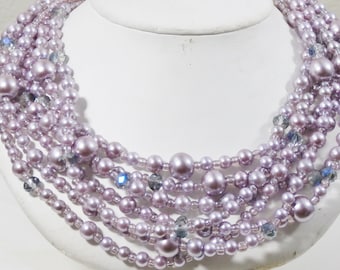 Lavender Pearl and Crystal necklace chunky multistrand SPRING SALE!!!