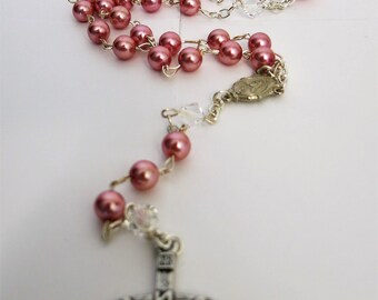 Pink pearl rosary with crystals