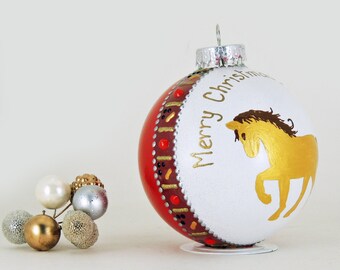 Christmas personalized hand painted glass ornament - golden horse