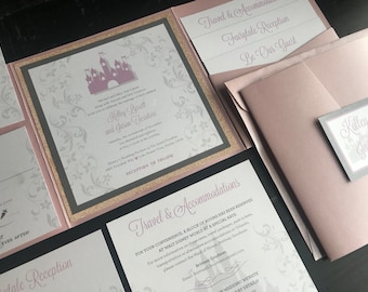 Fairytale Custom Pocket Wedding Invitation Suite | Wedding Announcements | Fairytale Inspired | Castle | Rose Gold | Blush | Silver | Pink