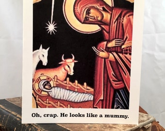 Mummy - Funny Christmas Card, Funny New Mom Card, Funny Jesus, Jesus Humor, Funny Holiday Card, Religious Funny, Funny Jesus Greeting Card