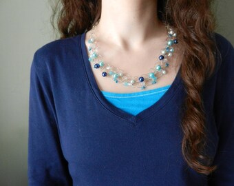 Blue Necklace for Women, Crochet Necklace, Collar Necklace, Bib Necklace, Bead Necklace, Statement Necklace, Unique Necklace, Beaded Jewelry
